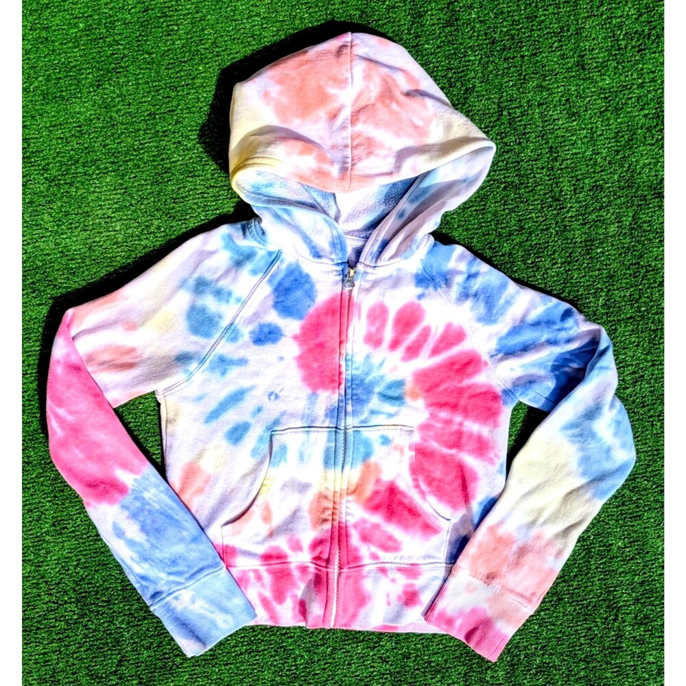 SO Hoodie Girls Small Multicolor Pastel Tie Dye Fleece Zip-Up Front Pocket EUC